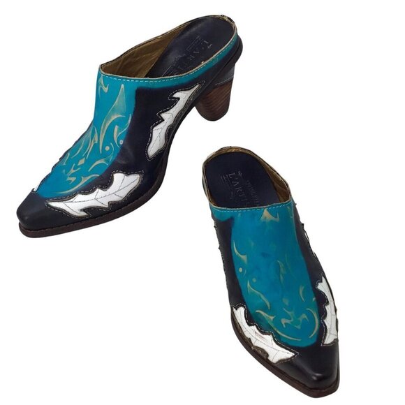 L'Artiste Spring Step Fun Mule Western Sz 37 6.5-7 Black Turquoise Hand Painted - Picture 3 of 12